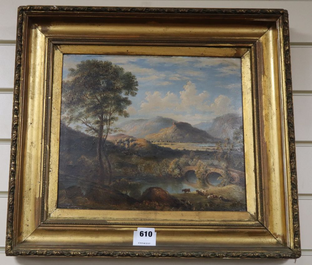 19th century English School, oil on card, Skelwithe Bridge, L.C., 29 x 34cm
